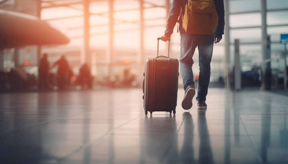 Fotka zobrazuje muža nachádzajúceho sa na letisku s cestovnou batožinou. Muž má zabezpečené cestovné poistenie.
